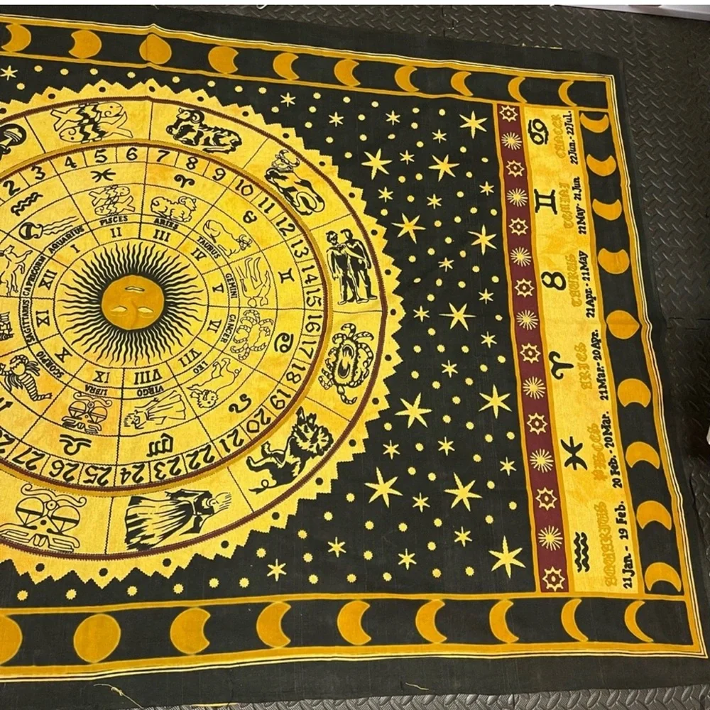 Astrology Zodiac Tapestry Wall Art Moon Phase Indian Cotton Black Yellow Vintage